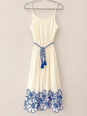 Mykonos Ivory Blue Floral Embroidered Maxi Dress Belt Size M NWT